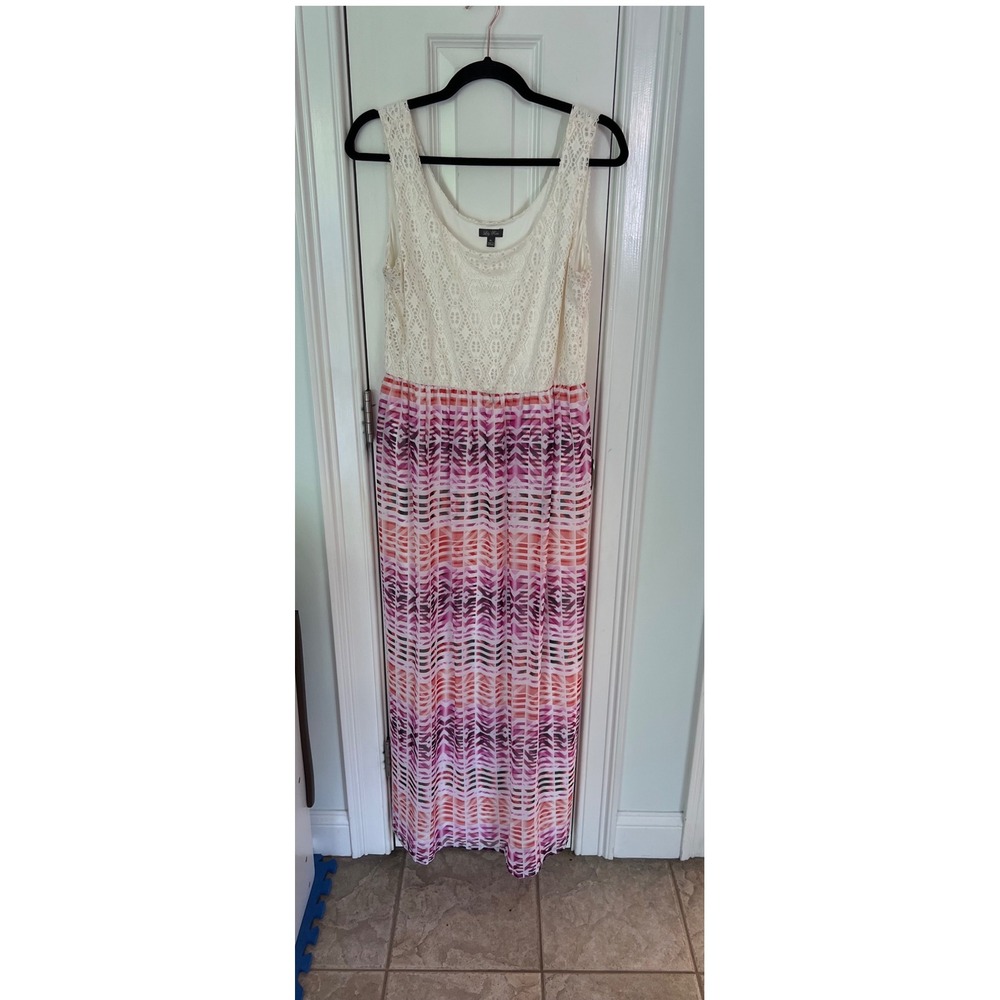 Lily Rose Sleeveless Lace Bodice Chevron Print Maxi‎ Dress XL Pink Purple White